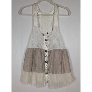 BKE Tank Top Womens L Ivory Beige Lace Sheer Button Front Layered Boho Y2K Fairy